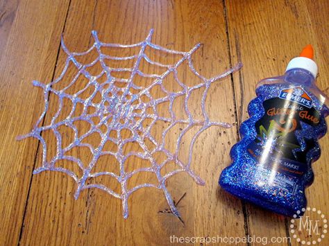 "The Scrap Shoppe: Easy Elmer's Glitter Glue Spider Webs" How cute is this? And from one of my favorite scrapbooking sites. Spider Webs, Glitter Diy, Glitter Glue, Halloween Activities, Dollar Tree Crafts, Halloween Haunt, Fall Fun, Halloween Art, Holidays Halloween