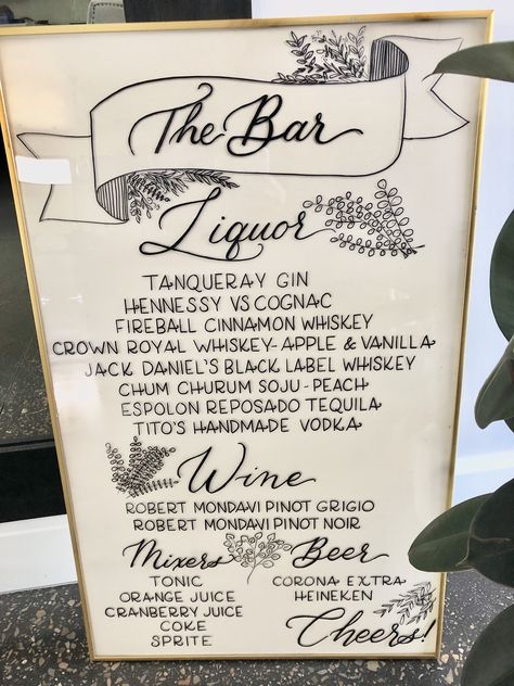 Custom wedding sign rentals | calligraphy | modern calligraphy | bar sign #barsigns #weddingsigns #calligraphy #moderncalligraphy Calligraphy Wedding Signs, Tanqueray Gin, Vodka Wine, Calligraphy Modern, Decor Business, Calligraphy Signs, Custom Wedding Signs, Calligraphy Wedding, Wedding Calligraphy