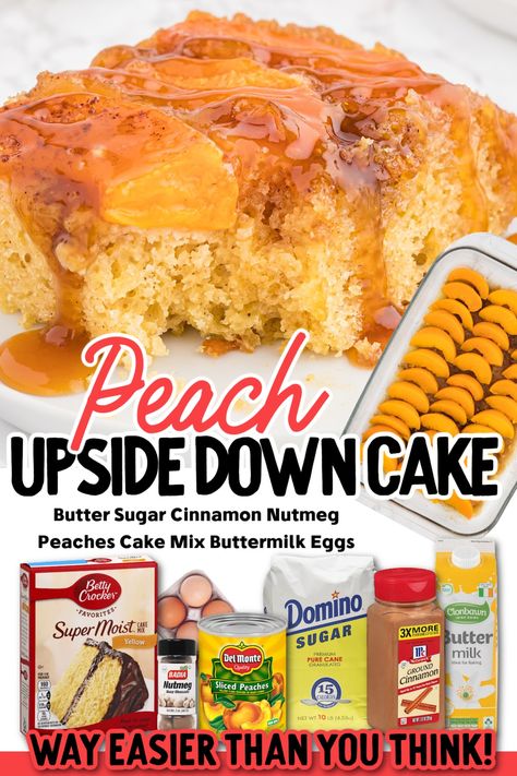 This easy peach upside-down cake will have your guests oohing and ahhing over its impressive presentation, and they’ll be delighted by its delicious taste. The cake is moist and topped with sweet peaches and a brown sugar glaze that takes the fruit to the next level. Peach Upside Down Cake With Box Cake And Fresh Peaches, Peach Cobbler Upside Down Cake, Easy Peach Upside Down Cake, Peach Cobbler Cake Recipe, Peach Upside Down Cake With Box Cake, Peach Poke Cake, Easy Peach Desserts, Upside Down Peach Cake, Peach Desserts Easy