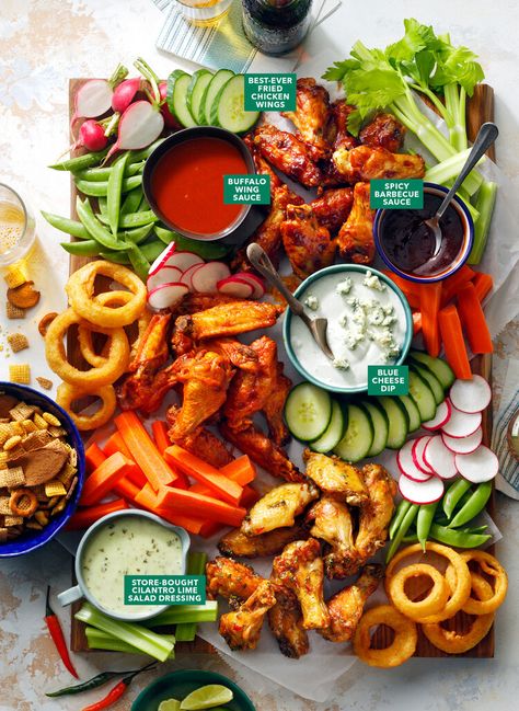 Just in time for the Big Game, this board features ever-popular chicken wings and dipping sauces to go with them — Taste of Home Lobster Charcuterie Board, Wing Board, Chicken Wing Sauce Recipes, Antipasto Kabobs, Yogurt Covered Pretzels, Wing Sauce Recipes, Chicken Wing Sauces, Honey Barbecue, Charcuterie Board Ideas