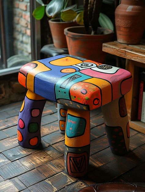 16 Whimsical Painted Furniture Ideas You Can't Ignore - Home Made Graceful Table Painting Ideas Colorful, Pop Apartment, Mexican Painted Furniture, Whimsical Painted Furniture Ideas, Metal Cupboard, Hand Painted Stools, Assemblage Art Mixed Media, Diy Painting Ideas, Painted Stools