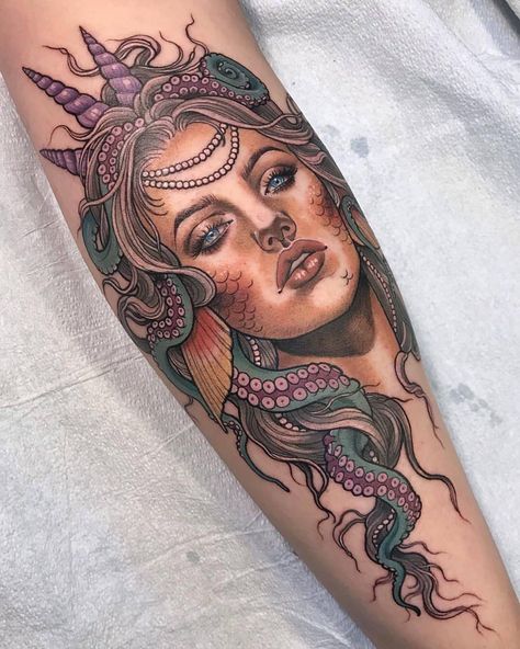 LOVEEEE this amazing tattoo by @scragpie  PS; Come to AttitudeFest and see some real life mermaids! ‍♀️ Pirate Mermaid Tattoo, Siren Tattoo, Mermaid Tattoo Designs, Real Life Mermaids, Medusa Tattoo Design, Samantha Smith, Sea Tattoo, Medusa Tattoo, Octopus Tattoo