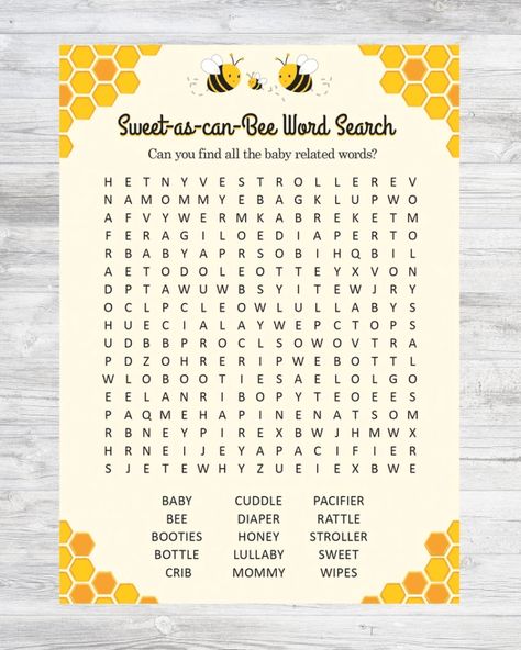 33+ Unique Bee Themed Baby Shower Ideas (Free Printable included) Baby Shower Word Search, Bee Themed Gender Reveal, Bee Baby Shower Decoration, Bee Baby Shower Invitations, Honey Bee Baby Shower, Baby Shower Wording, Bee Baby Shower Theme, Mommy To Bee, Bumble Bee Baby Shower