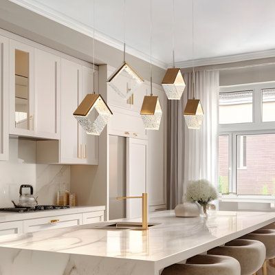 Elevate your space with the allure of our LED modern 5-light linear kitchen island light, showcasing a luxurious electroplated gold finish. The mesmerizing design showcases a geometric acrylic and gold metal frame in a captivating hollow cube shape. This striking chandelier seamlessly unites artistic creativity with practicality, enveloping your space in a welcoming, warm glow. Transform any room in your home with a touch of sophistication and elegance with this stunning and versatile lighting p Kitchen Renovation Hacks, Marble Top Kitchen Island, Kitchen Cabinets Ideas, Kitchen Cabinet Trends, Kitchen Cabinet Layout, Led Kitchen, Bold Kitchen, Kitchen Storage Hacks, Kitchen Island Pendant