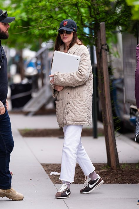 Dakota Johnson Wore All the Sneakers New Yorkers Are Obsessed With While Filming ‘Materialists’ Nike Cortez Outfit, Dakota Johnson Street Style, Nike Cortez Shoes, Top Trending Shoes, Dakota Style, Dakota Mayi Johnson, Dakota Johnson Style, Most Popular Shoes, Classic Cortez