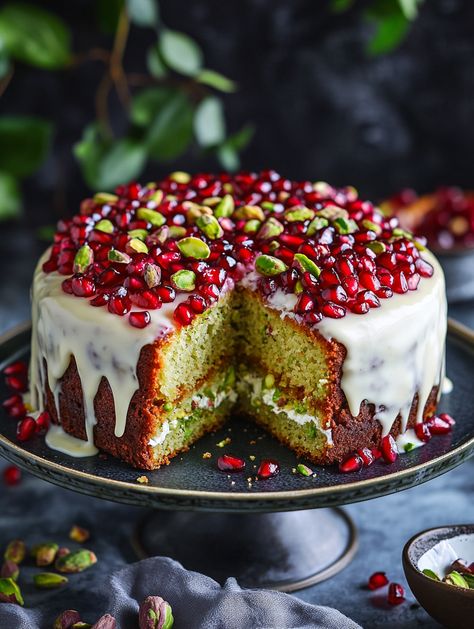 Luxurious Pistachio Pomegranate Cake 🍇  𝗜𝗻𝗴𝗿𝗲𝗱𝗶𝗲𝗻𝘁𝘀 🎂 - 1 cup unsalted butter, softened - 1 cup granulated sugar - 4 large eggs - 1 1/2 cups all-purpose flour - 1 cup ground pistachios - 1 teaspoon baking powder - 1/4 teaspoon salt - 1/2 cup milk - 1 teaspoon vanilla extract - 1/2 cup pomegranate seeds - 1/2 cup chopped pistachios for garnish Pistachio Pomegranate Cake, Pomegranate Cake, Birthday Cheesecake, Dessert Photography, Pistachio Cake, Pomegranate Seeds, Cake Ingredients, Granulated Sugar, Christmas Cake