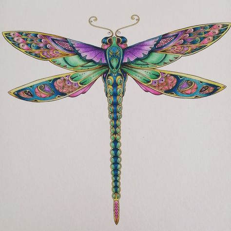 Dragonfly from Enchanted Forest by Johanna Basford. Faber Castell Polychromos and Lyra Rembrandt Pencils used Enchanted Forest Coloring Book Johanna Basford, Basford Enchanted Forest, Forest Coloring, Enchanted Forest Coloring Book, Joanna Basford Coloring, Johanna Basford Enchanted Forest, Enchanted Forest Coloring, Dragonfly Tattoo Design, Joanna Basford