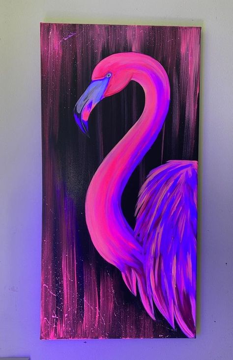 How To Draw A Flamingo, Blacklight Painting Ideas, Flamingo Painting Acrylic, Flamingo Art Painting, Flamingo Acrylic Painting, Neon Painting Ideas, Neon Painting Ideas Easy, Flamingo Paintings, Unique Painting Ideas