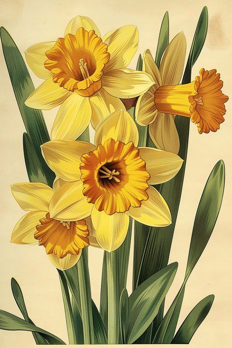 Vintage Daffodil, Daffodil Images, Daffodil Day, Yellow Spring Flowers, Abstract Painting Acrylic Modern, Daffodil Flowers, Bulbous Plants, Botanical Flowers Print, Narcissus Flower