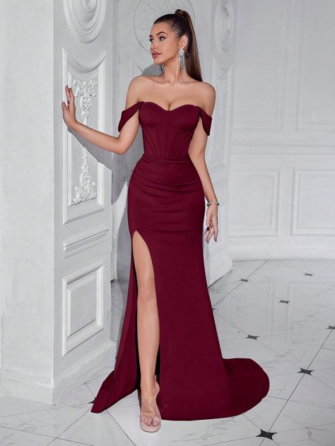 ADYCE Off Shoulder Elegant Bardot Sweetheart Neck Pleated Front Split Thigh Backless Party Long Dress Burgundy Elegant  Short Sleeve Woven Fabric Plain Bodycon Slight Stretch  Weddings & Events, size features are:Bust: ,Length: ,Sleeve Length: Burgundy Long Dresses, Prom Simple Dress, Graduation Long Dress, Red Gowns Elegant, Dark Red Prom Dress Long, Formal Dresses Red, Vestidos Color Vino, Burgundy Party Dress, Bordeaux Dress