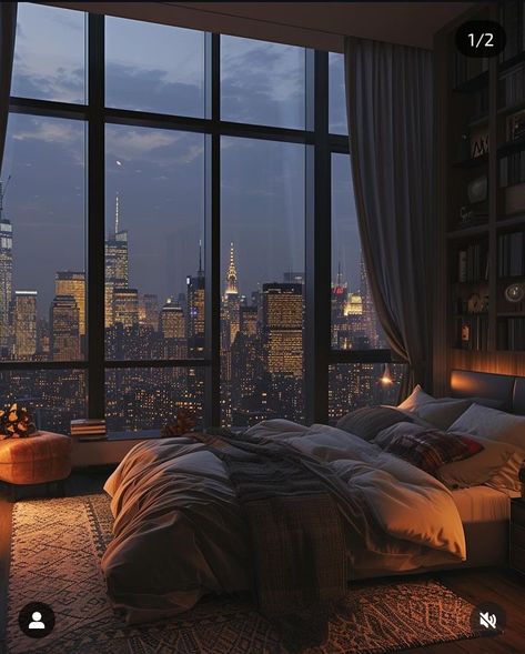 Nyc Penthouse Bedroom, New York Penthouse Bedroom, Luxury Apartment Bedroom, New York Lights, Cozy Penthouse, Penthouse Modern, Penthouse Aesthetic, Appartement New York, Penthouse Bedroom