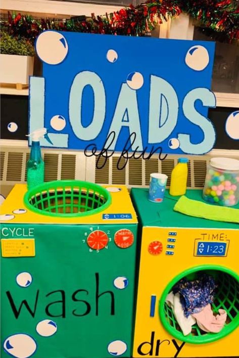 Preschool Diner Dramatic Play Set Up, Preschool Discovery Center, Laundry Preschool Activities, Preschool Clothing Theme, Diy Cardboard Washer And Dryer, Laundry Room Dramatic Play Ideas, Outdoor Dramatic Play Preschool, Laundromat Dramatic Play Preschool, Prek Dramatic Play Center