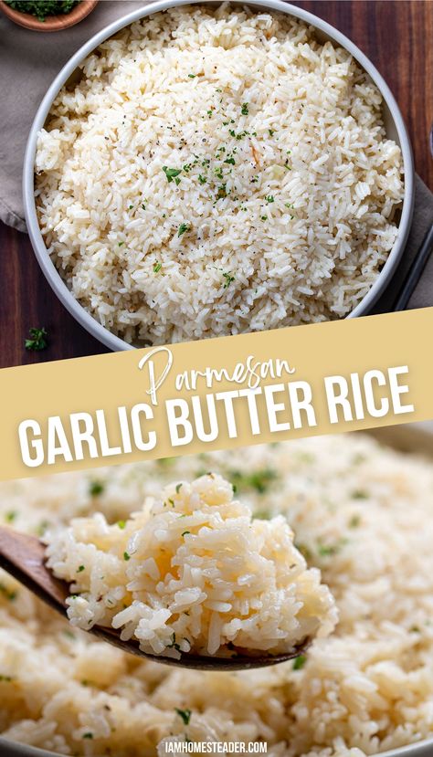 A bowl of parmesan garlic butter rice in a bowl, and a spoonful of the rice mixture. Wife Meals, Garlic Parmesan Rice, Garlic Butter Rice, Parmesan Rice, Rice Sides, Buttery Rice, Gluten Free Vegetables, Risotto Dishes, White Rice Recipes