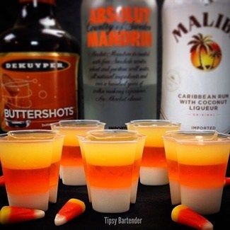 Halloween Party Shots, Candy Corn Jello, Candy Corn Jello Shots, Adult Halloween Party Decorations, Halloween Jello Shots, Halloween Jello, Jello Shot Recipes, Jello Shot, Halloween Fest