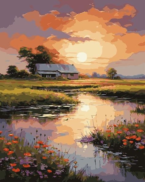 Amazon.com: DoMyArt Paint by Numbers Kit for Adults, DIY Acrylic Painting on Canvas Home Decor Wall Art (River Under Sunset, 16x20 Inch) Diy Acrylic Painting, Hand Painted Birdhouses, River Painting, Bird Houses Painted, Scenery Paintings, Landscape Paintings Acrylic, Acrylic Painting For Beginners, Canvas Home Decor, Sunset Landscape