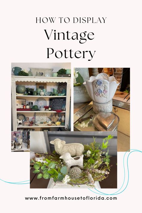 vintage pottery displayed in a bookcase and on a tabletop Spring Candle Holders, Pottery Display, Spring Candles, Old Fan, Old Pottery, Basket Uses, Baby Lamb, Seasonal Displays, Tiny Plants