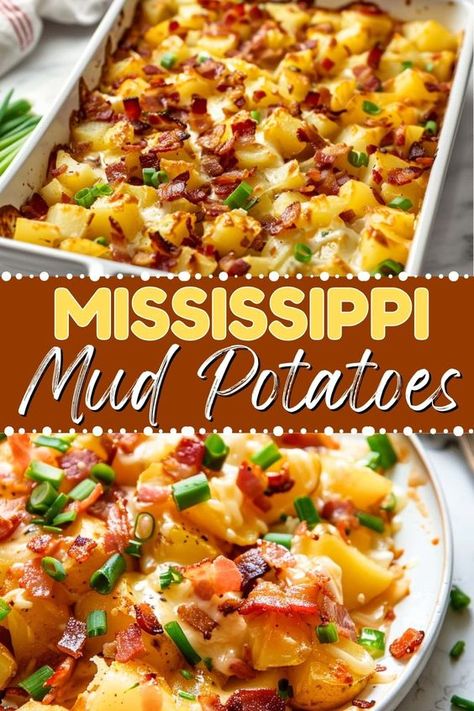 Mississippi mud potatoes are a delicious Southern side dish featuring tender potatoes, crispy bacon, cheddar cheese, and a creamy mayonnaise dressing. Potato Side Dishes Crockpot, Mississippi Mud Potatoes, Mayonnaise Dressing, Potatoes Crispy, Southern Side Dishes, Bbq Side Dishes, Family Dishes, Mississippi Mud, Juicy Pork Chops