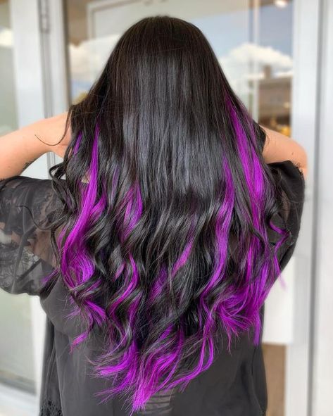 Pink Purple Peekaboo Highlights Pink Peekaboo Highlights Black Hair, Vivid Color Highlights, Pink Purple Peekaboo Hair, Black And Purple Ombre Hair, Dark Hair With Purple Peekaboo, Dark Purple Peekaboo Hair, Purple Peekaboo Highlights Brunettes, Dark Hair With Vivid Peekaboo, Peekaboo Hair Color Pink