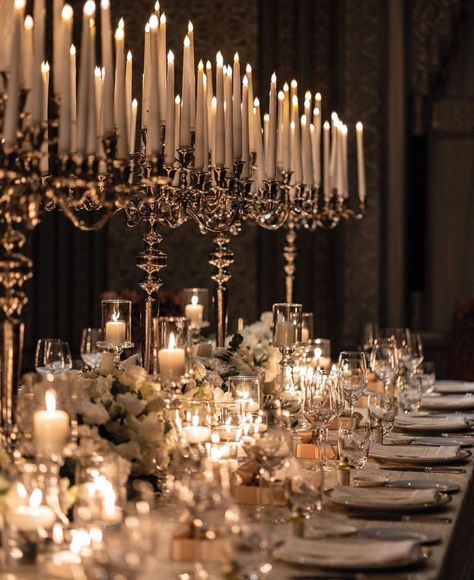 Candelabra Table Setting, Candle Wedding Aesthetic, Old World Elegance Wedding, Dramatic Wedding Decor, Sultry Wedding Decor, Dark Romantic Wedding Centerpieces, Classy Birthday Party Decorations, Classy Wedding Color Schemes, Glamour Wedding Decorations