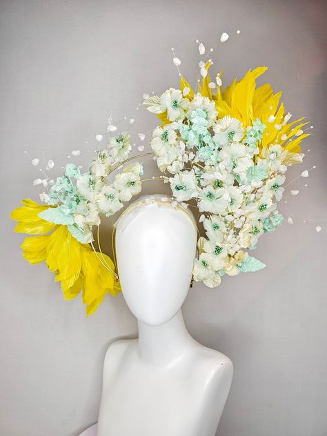 The Hat Doctor From the 2024 Featured Milliner of the Kentucky Derby Museum  Gorgeous Kentucky Derby hat fascinator  kentucky derby hat fascinator vintage branching mint green and gold flowers on tiered silver metallic headband with bright yellow feathers  headband attachment each hat is totally one of a kind! no two are alike! I can probably add feathers, flowers etc to existing hats for a small fee. I cannot remove anything from existing hats. Just message me and see if we can make it work! :) Isabella Blow Hats, Easter Fascinator, Crazy Kentucky Derby Hats, Derby Hat Diy, Green And Gold Flowers, Metallic Headband, Derby Outfits, Derby Hats Fascinators, Headpiece Diy