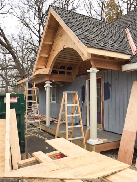 Front Porch Addition To Hip Roof, Roof Before And After, Change Roof Pitch Before And After, Porch Gable, French Country Cottages, Exterior Home Renovation, Front Porch Addition, Ranch House Exterior, Shake Roof