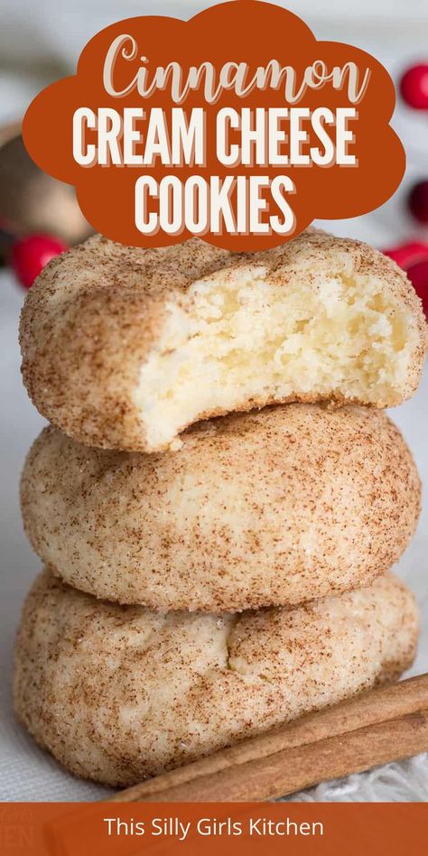 cinnamon cream cheese cookies lined on top each other Cream Cheese Cookie, Recipes Using Cream Cheese, Cream Cheese Cookie Recipe, Cinnamon Cream Cheese, Cream Cheese Desserts, Lost 100 Pounds, Cheese Cookies, Cream Cheese Cookies, Cheese Dessert