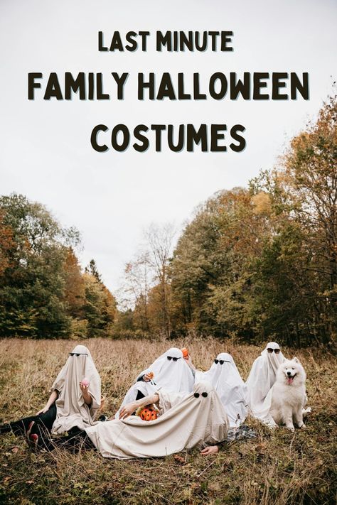 Last Minute Family Halloween Costume Ideas - Celebrating Halloween Family Costumes Diy Easy, Easy Parent Costumes, Family Ghost Costume, Last Minute Family Halloween Costumes, Family Horror Halloween Costumes, Ghost Family Portrait, Halloween Ghost Family, Halloween Costumes Kids Homemade, Family Halloween Costume Ideas