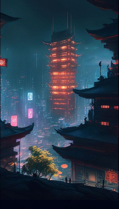 Cyberpunk Location Art, Sci Fi Japanese City, China Cyberpunk City, Dark Academia Cyberpunk, Cybernoir Aesthetic, Cyberpunk Countryside, Futuristic Asian City, Neotokyo Aesthetic, Cyberpunk Cottagecore