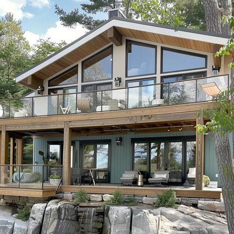 Image Lake Side House, Glass Front Lake House, Grown Ups Lake House, Lake House Big Windows, Narrow Lake House Plans Two Story, Small Lake House Plans Big Windows, Lake Front House Plans, Renovation Exterior, Cottage Interior Design