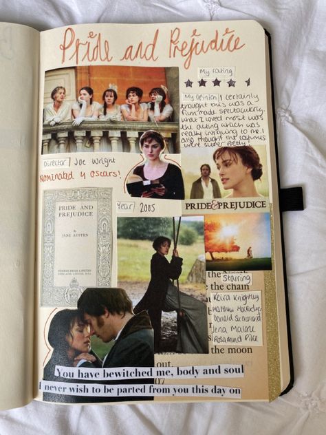 Page in my film journal! Movie Journaling Ideas, Reading Journal Collage, Movie Journal Aesthetic, Film Journal Cover, Film Journal Aesthetic, Movie Journal Page, Pride And Prejudice Journal, Film Journal Ideas, Movie Journal Ideas