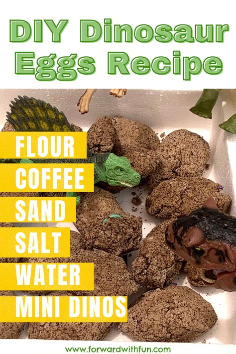 diy dinosaur eggs recipe: flour, coffee, sand, salt, water, mini dinos - picture of plastic dinosaur toys standing over a white container containing brown hardened dinosaur eggs Diy Dinosaur Eggs, Dinosaur Party Activities, Jurassic Park Theme, Dinosaur Chicken Nuggets, Dinosaur Activities Preschool, Diy Dinosaur, Spring Activity, Dino Eggs, Egg Coffee