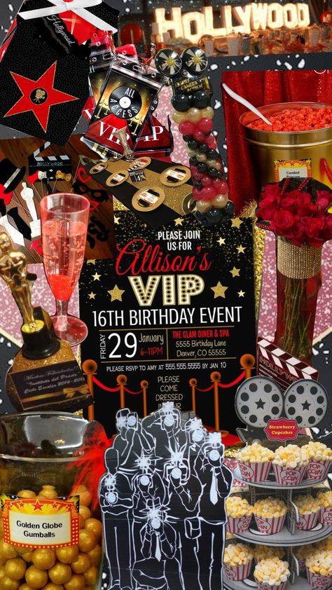 Hollywood birthday theme Los Angeles Theme Party, Old Hollywood Birthday Party Theme, Hollywood Birthday Theme, Old Hollywood Party Theme, Old Hollywood Birthday Party, Old Hollywood Birthday, Broadway Themed Party, Hollywood Birthday Party Ideas, Hollywood Themed Party