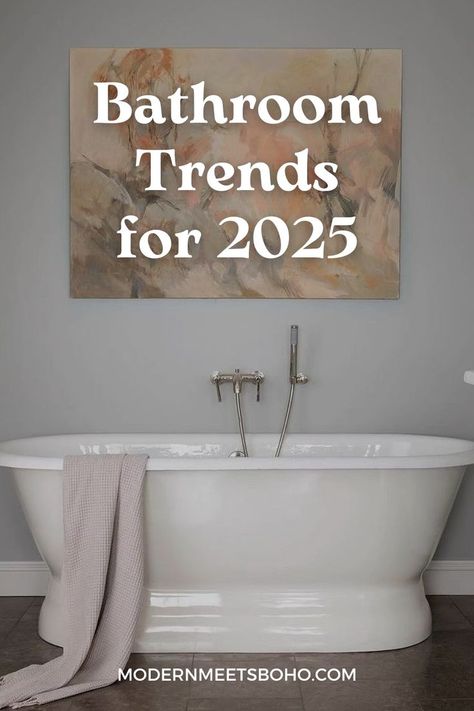 Discover bathroom trends for 2025 that transform everyday spaces into stylish retreats. Expect daring designs, striking materials, and minor upgrades to elevate your space. Let these innovative house bathroom ideas inspire your master bath design! House Bathroom Ideas, Master Bath Design, Bath Trends, 2025 Trends, Mid Century Bathroom, Master Bathrooms, Bathroom Top, Boho Bathroom, Bathroom Trends