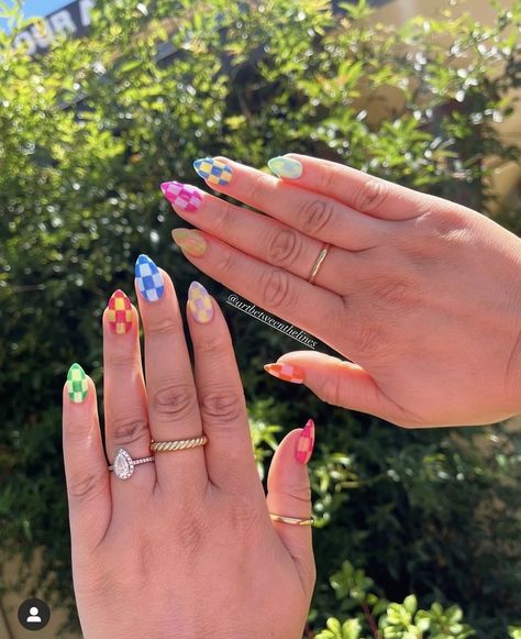 Colorful Checkered Nails, Rainbow Checkered Nails, Lesbian Nails, Checker Nails, Country Acrylic Nails, Checkered Nails, 2024 Nails, Aesthetic Nails, Summery Nails