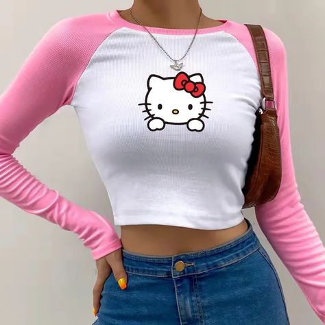 Hello Kitty Top, Kitty Outfit, Cute Graphic Design, Tight T Shirt, Kitty Clothes, Hello Kitty Clothes, Crop Top Skirt Set, Hello Kitty Birthday, Retro Tops