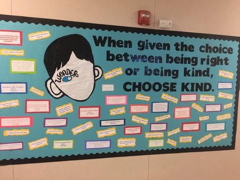 Wonder Kindness Bulletin Board with quotes and random acts of kindness Choose Kindness Bulletin Board, Compassion Bulletin Board Ideas, Wonder Bulletin Board, Raise Craze, Compassion Activities, Guidance Bulletin Boards, Kindness Bulletin Board Ideas, Kindness Month, Kindness Bulletin Board