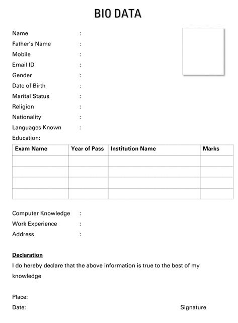 25+ Simple Bio Data Formats for Job PDF & Word (Free Download) Bio Data Pdf, Job Resume Format Pdf, Bio Data Format For Job Pdf, Bio Data Format For Job, Sv Wallpaper, Download Cv Format, Resume Design Template Free, Basic Resume Format, Bio Data Form