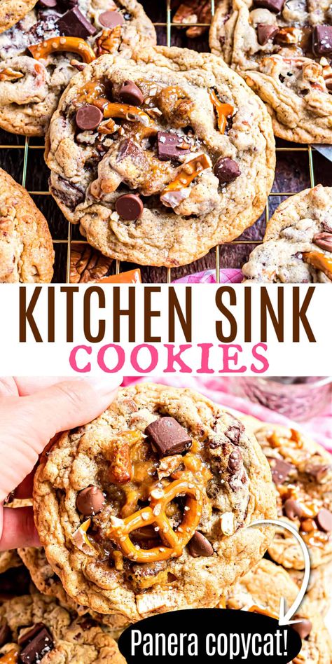 Better than Panera, these Kitchen Sink Cookies are soft and chewy and loaded with chocolate chunks, chocolate chips, pretzel pieces, pecans and caramels. These fun cookies are easy to make in just one bowl, ready in 30 minutes and always a hit! Carmel Pretzel Cookie, Aldi Kitchen Sink Cookies, Cookie With Pretzels, Cookies With Pretzels In Them, Salted Caramel Pretzel Cookies, Everything But The Kitchen Sink Cookies, Panera Kitchen Sink Cookie Recipe, Kitchen Sink Cookies Panera, Cookie Pretzel