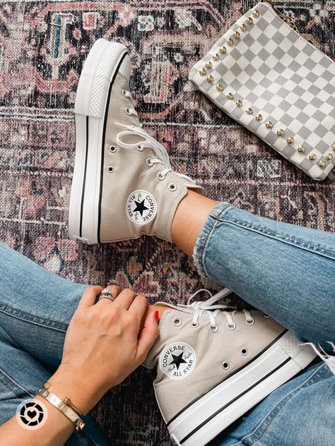 Neutral converse shoes for Fall 2022 Women Converse Shoes, Neutral Converse Outfit, Taupe Converse Outfit, Cute Neutral Shoes, Women’s Converse, Platform Converse High Tops Outfit, Tan Platform Converse, Fall 2023 Shoe Trends, Shoes For Fall 2022