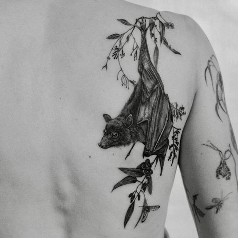 Mysterious Creatures Art, Bat Sketch Tattoo, Cute And Spooky Tattoos, Shoulder Bat Tattoo, Creepy Deer Tattoo, Sleeping Bat Tattoo, Bat Tattoo Leg, Bat Hanging Upside Down Tattoo, Bat Collar Bone Tattoos