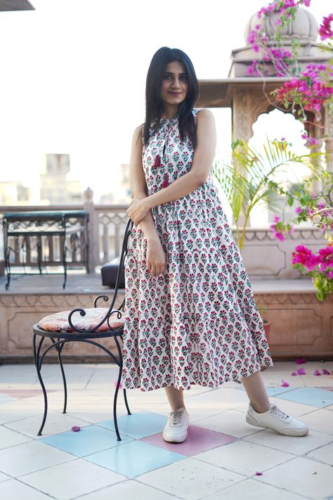 Handblock Print Cotton Dress, Women Cotton Summer Dress, Block Print Dress, Cotton Tier Dress, Printed Cotton dress Cotton Printed Frocks For Women, Sleeveless Anarkali Dress With Printed Motifs, Sleeveless Anarkali Dress With Floral Print, Sleeveless Anarkali Floral Dress, White Cotton Boho Dress With Floral Print, White Printed Anarkali Dress, White Anarkali Cotton Maxi Dress, White Anarkali Maxi Dress For Summer, Summer Anarkali Maxi Dress