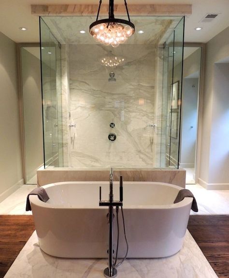 Free standing tub, walk through shower | Chad James Group Marble Bathroom Floor, Bathroom Chandelier, Master Baths, Shower Over Bath, Walk In Shower Designs, Bathroom Master, Bad Inspiration, Bathroom Tub, Shower Surround