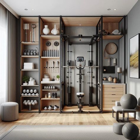 Transform tight spaces into a workout haven with our compact custom home gym designs. Perfect for apartments and small homes. #SmallSpaceGym #HomeFitness #CustomGym #CompactWorkout #GymDesign Fitness Studio Storage, Home Gym Built In Storage, Home Gym Closet Storage, Home Gym Shelving, Compact Gym Small Spaces, Hidden Home Gym, Gym Shelves, Gym Layout Plan, Home Gym Closet