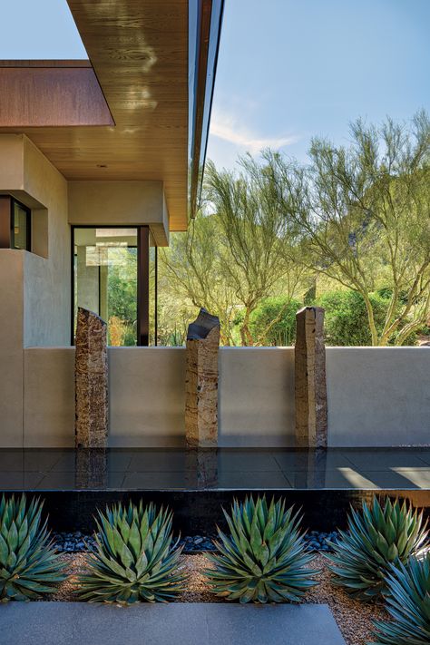 Garden Refresh - Phoenix Home & Garden Front Yard Water Feature, Texas Mountain Laurel, Sunken Fire Pits, Landscaping Backyard, Basalt Stone, Desert Environment, Stone Pillars, Phoenix Homes, Contemporary Style Homes