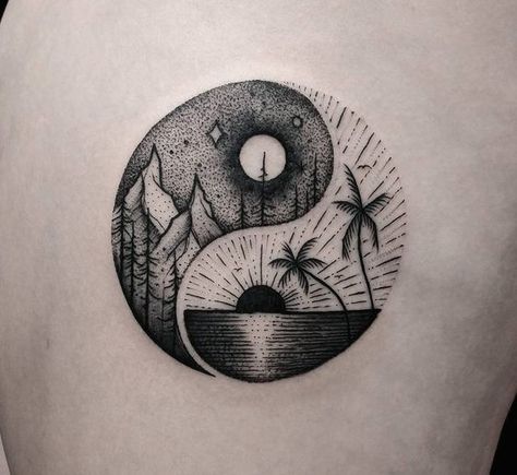 A piece entitled 'Balance' with a winter / summer Yin-Yang symbol. Tattoo by Thomas Eckeard, an artist based in Arcadia, California, USA. Yang Tattoo, Kunst Tattoos, Yin Yang Tattoos, Men Tattoos, Tattoo Photography, Pencil Art Drawings, Symbolic Tattoos, Sleeve Tattoo, Pompeii