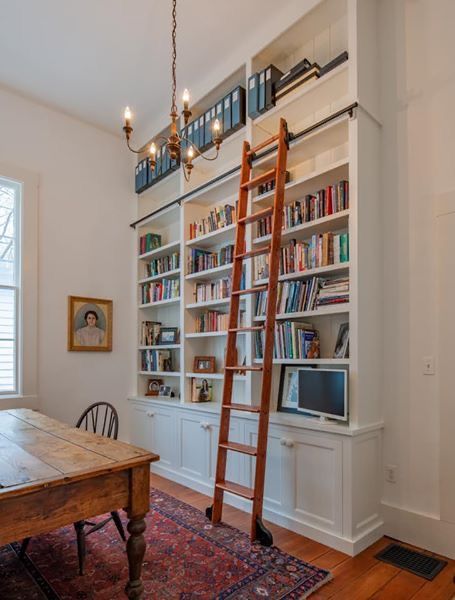 Built In Bookcase High Ceiling, Built In Bookshelves High Ceiling, Tall Ceiling Bookshelves, Bookshelf With Ladder High Ceilings, Library Craft Room, Bookshelf With Sliding Ladder, Bookcase With Ladder And Rail, Sliding Ladder Library, Gray Room Ideas