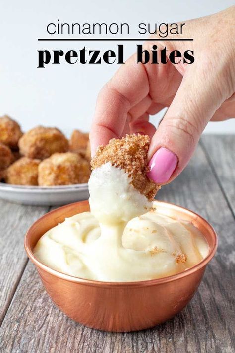 This recipe is so much better than anything you can find at the mall.  These Cinnamon Sugar Pretzel Bites are soft and perfect dipped into a sweet cream cheese frosting!  #soft #bites #easy #recipe #dip #homemade #best Cinnamon Sugar Pretzel Bites, Pretzel Dip Recipes, Pretzel Bites Recipes, Cinnamon Sugar Pretzels, Pretzel Dip, Sweet Dips, Pretzels Recipe, Cream Cheese Dips, Appetizers Recipes