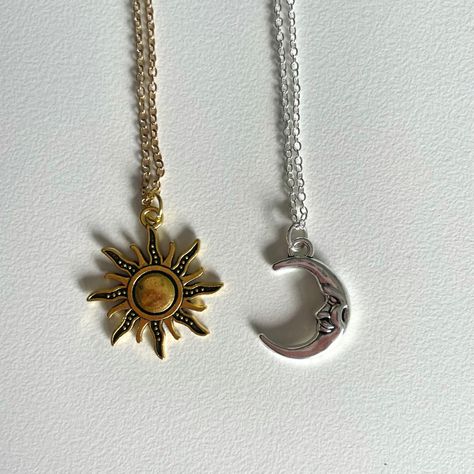 Gold Sun x Silver Moon Sun And Moon Accessories, Sun And Moon Necklace Aesthetic, Adjustable Sun And Moon Metal Necklace, Silver Sun Necklace With Sun And Moon Design, Mystical Sun And Moon Necklace For Gift, Vintage Moon-shaped Jewelry With Sun And Moon Design, Sun And Moon Necklace, Celestial Necklace, Matching Jewelry