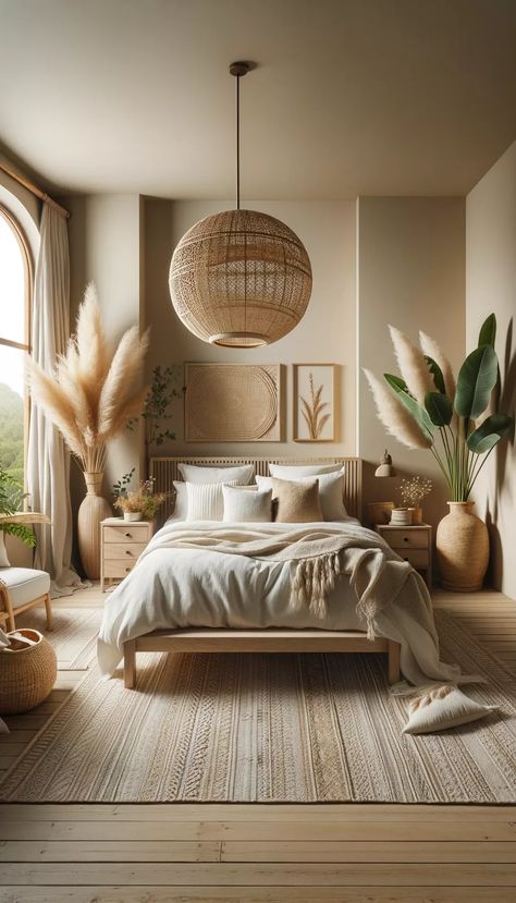 Minimalistic Bohemian Bedroom, Boho Hat Wall Bedroom, Diy Bedroom Renovation, Rustic Style Apartment, Boho Design Home, Bedroom Inspirations With Plants, 2024 Bedroom Inspiration, Rectangular Bedroom Ideas Long, Organic Boho Bedroom