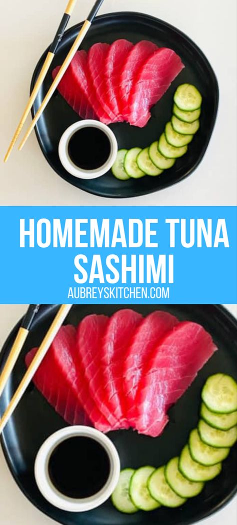 Tuna sashimi on a plate with sliced cucumber, soy sauce and chopsticks. Sashimi Sauce Recipe, Sashimi Grade Tuna Recipes, Tuna Sashimi Recipe, Sashimi At Home, Sushi Grade Tuna Recipes, Bluefin Tuna Sashimi, Sashimi Recipe, Tuna Sashimi, Albacore Tuna